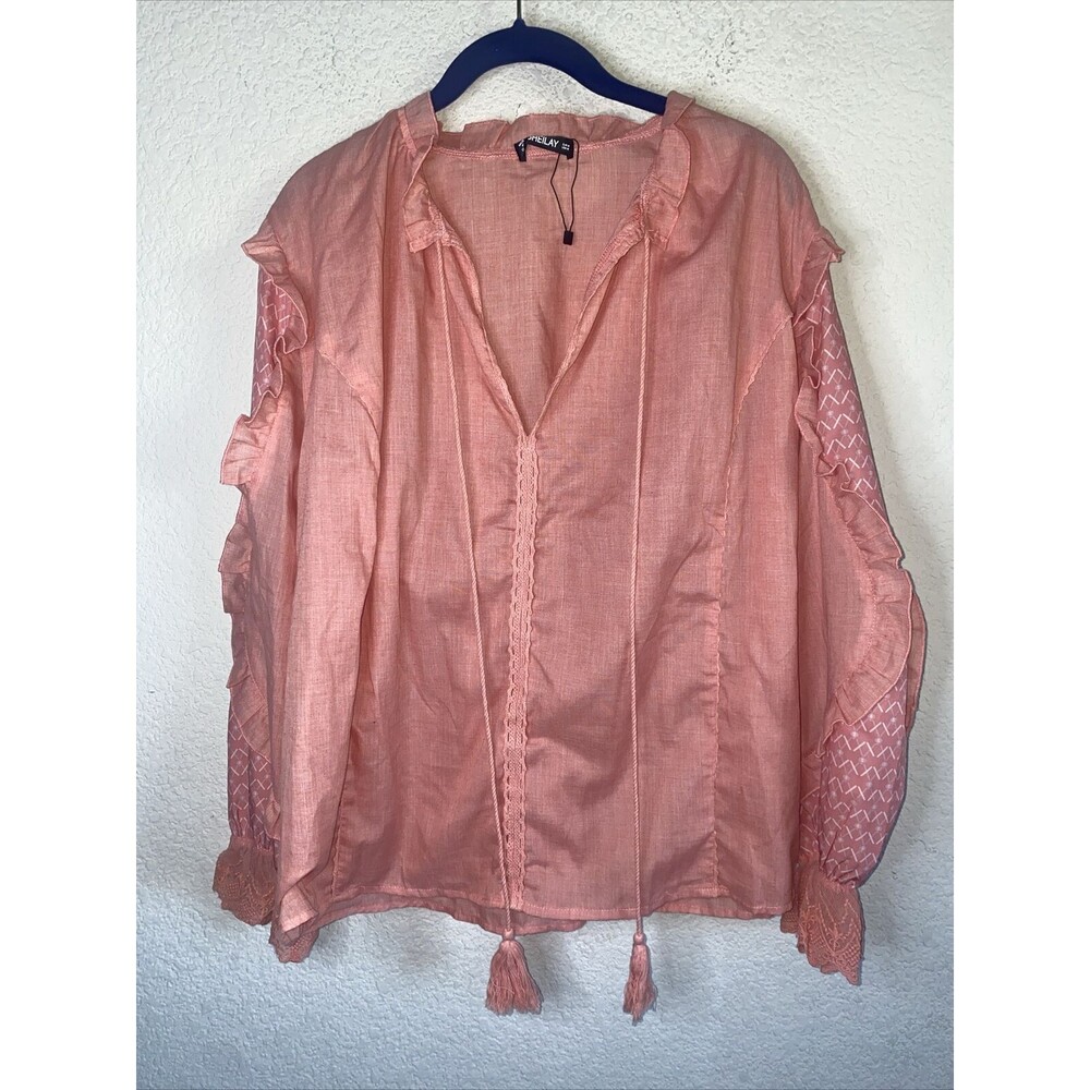 NEW western fairy blouse Boho Balloon Sleeve Lace M Coral Ruffle vneck tassel